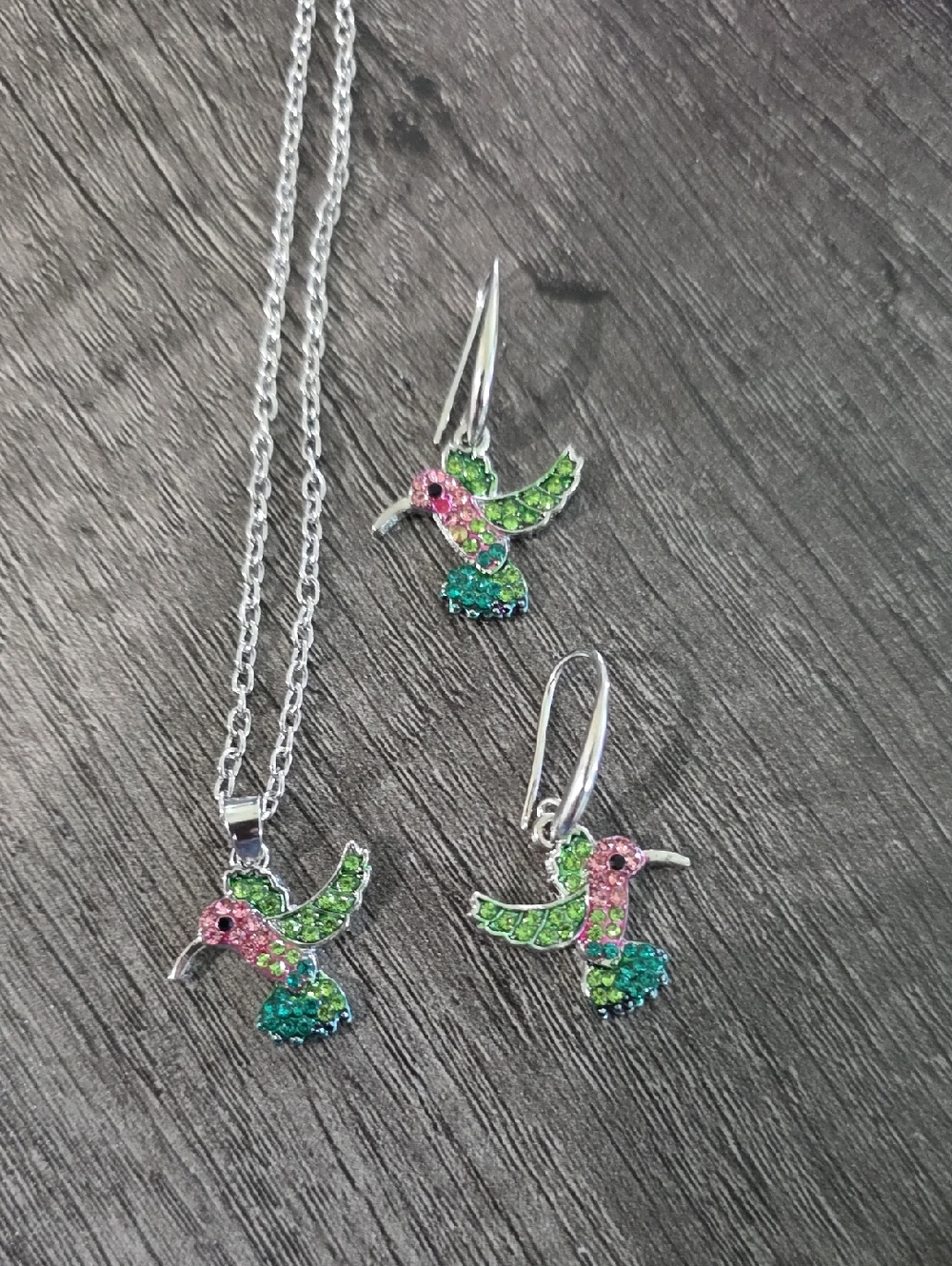 Hummingbird Crystal Pendant Necklace and Earrings Set - Pink & Green